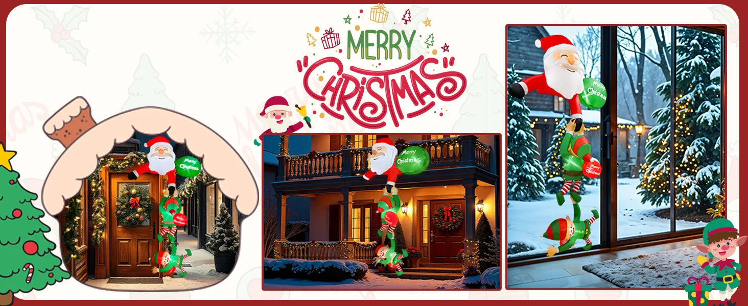 8FT Christmas Inflatables Decor, Climbing Santa Claus with Reindeer & Snowman/Elves, Xmas Decor for Beam Roof Tree Indoor Party