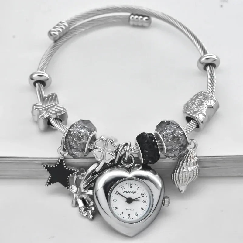 Fashion jewelry Women's Bracelet Watch Love with stylish decor refined round quartz watch silvery casual elegance gifts