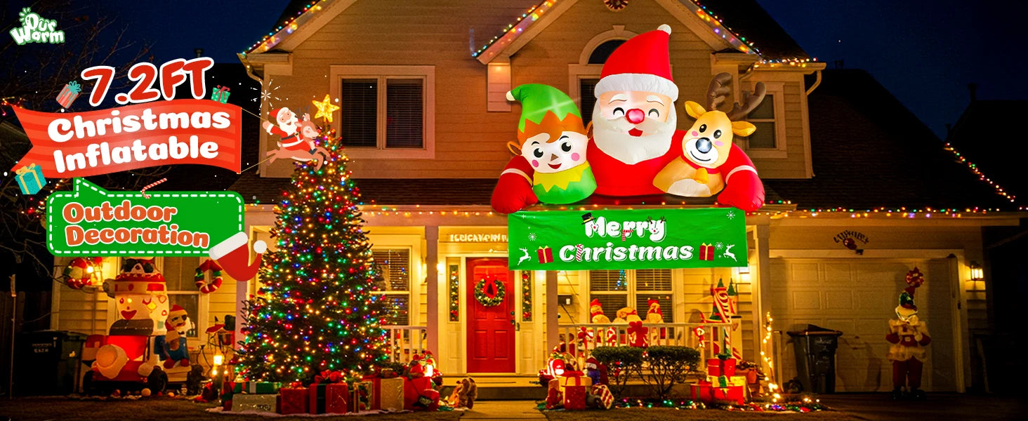 OurWarm 7.2FT Christmas Inflatable Outdoor Decoration,Detachable Banner Inflatable Santa Claus Outdoor with Elf & Reindeer Decor