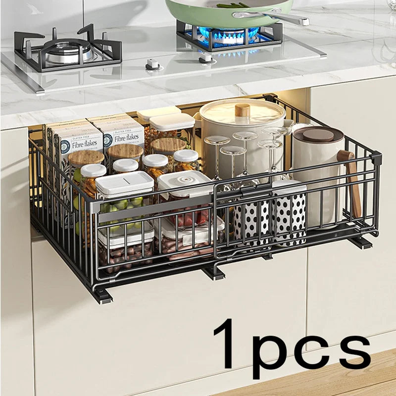 Kitchen Organizer-Adjustable Pull-Out Shelf, Space-Saving Cabinet Storage System with Sturdy Metal Construction, Black