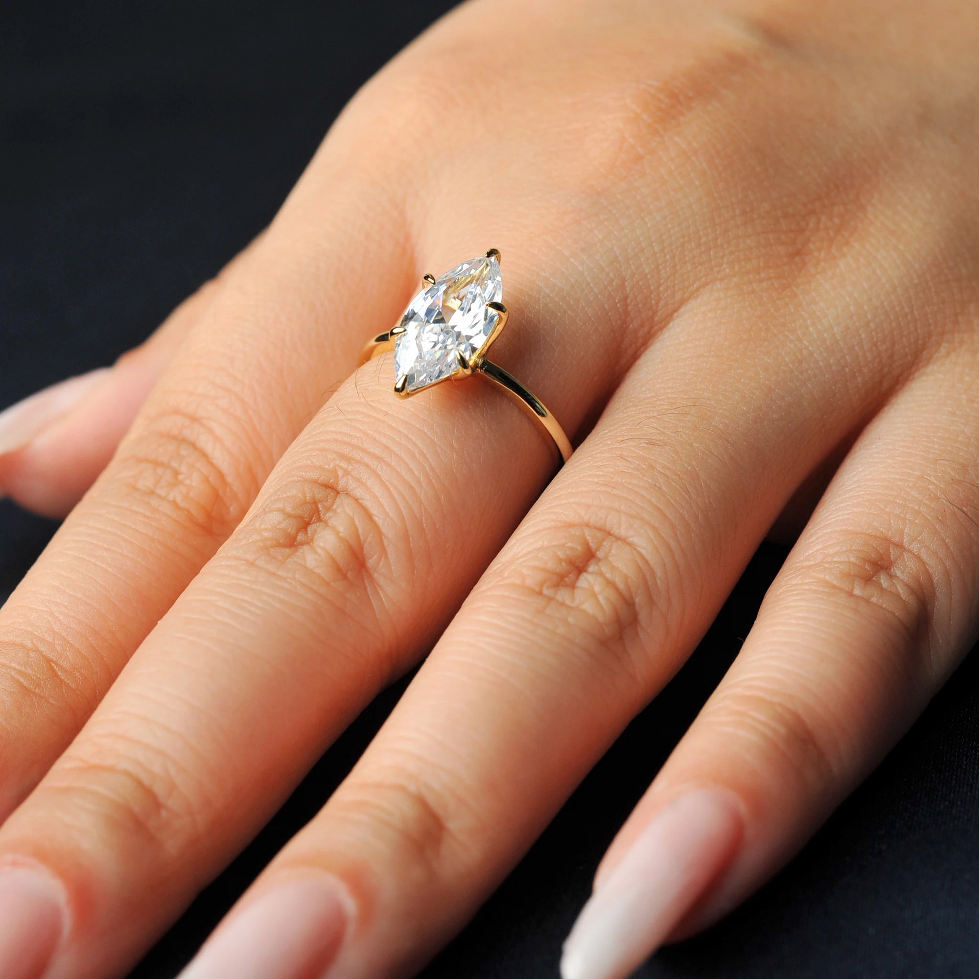 Potiy Vintage 9ct 5A Marquise Shape Cubic Zirconia Solitaire Engagement Ring For Women 925 Sterling Silver 14K Yellow Gold