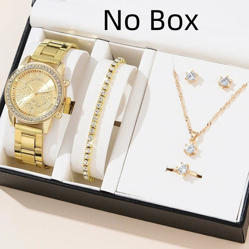 6 Piece Women's 3 - Eye Quartz Diamond Watch Set Bracelet Ring Earrings Necklace Gift Fashion Accessory