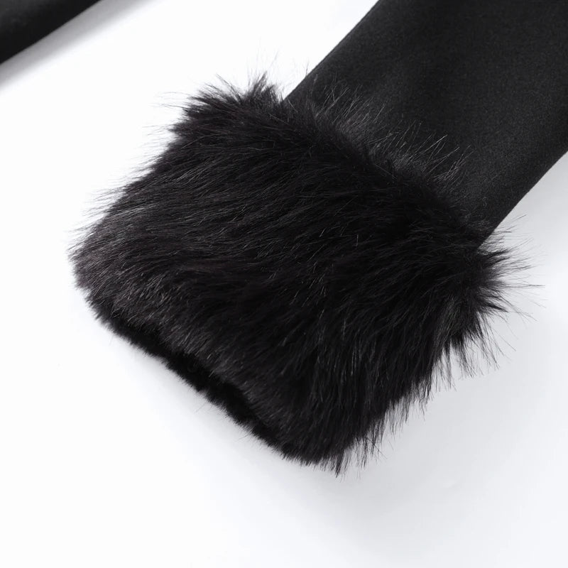 Luxurious Women's Overcoat Faux Full Sleeve Double Breasted Belt Lace Up Female Black Coats 2025 Autumn Winter Chic Lady Outwear