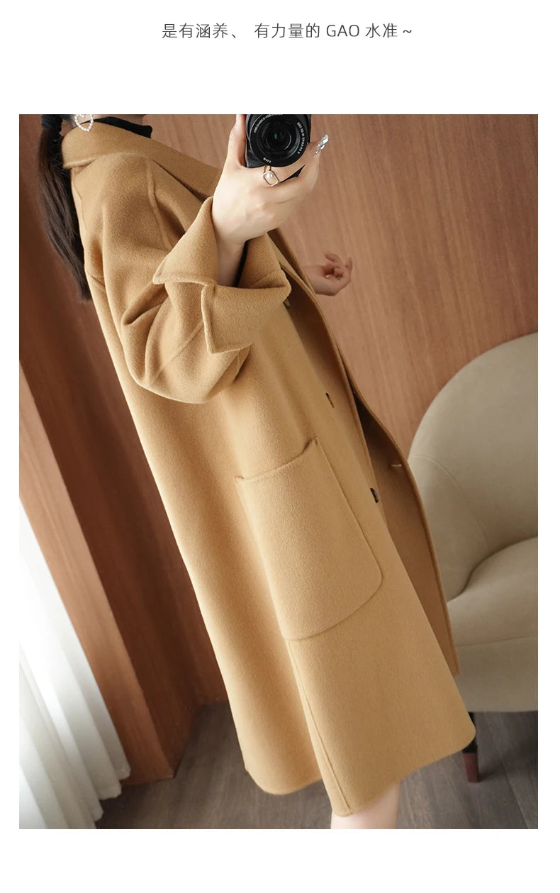Ladies' 100% cashmere thick double-sided extended coat, classic, versatile and fashionable for business and leisure