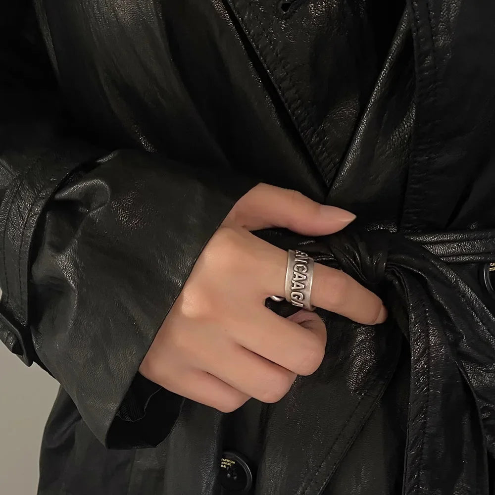 Silver Plated Spiral Letter Ring for Women Retro Fashion Personality Hip Hop S925 Open Finger Ring Trendy Index Finger Ring