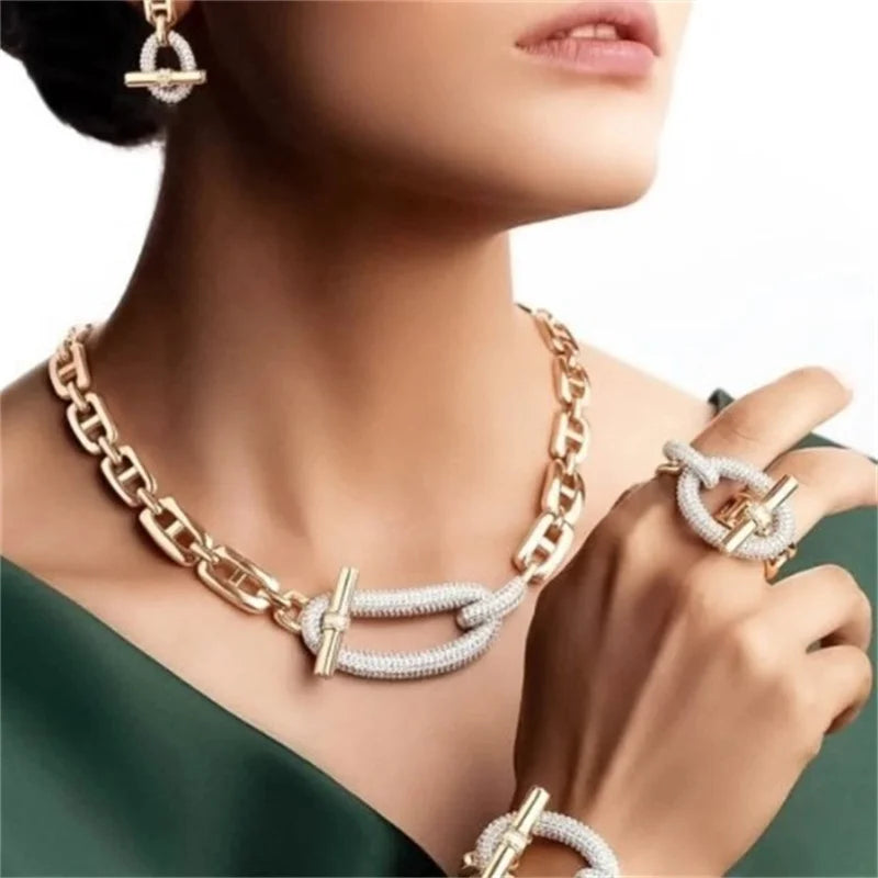 18k Gold Plated Copper Zircon OT Buckle Necklace Bracelets Ring Earring For Women Party Banquet Jewelry Set Accessory