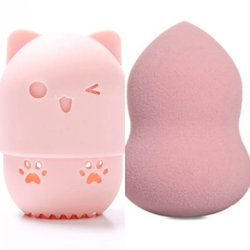 Pink Cute Cat Soft Silicone Cosmetic Sponge Box Holder with Beauty Eggs Portable Powder Puffs Holder Sponge Make Up Drying Cases