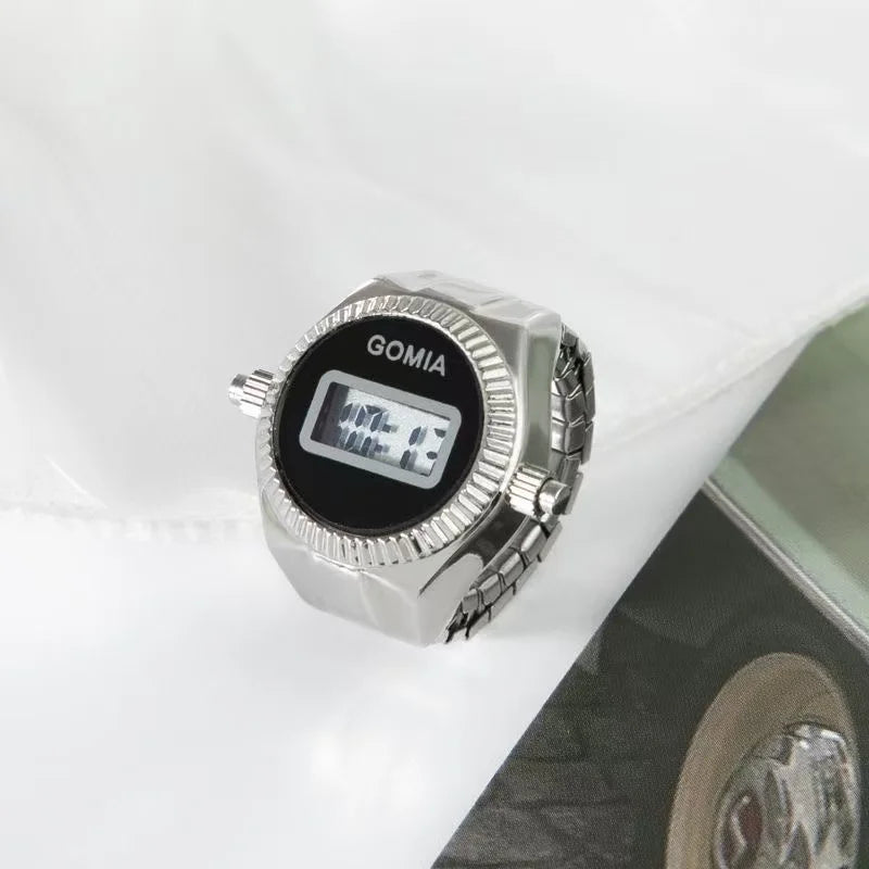 Fashion Electronic Watch Rings for Men Women Gold Silver Colorful Dial Stainless Steel Elastic Watch Strap Battery Mini Clock