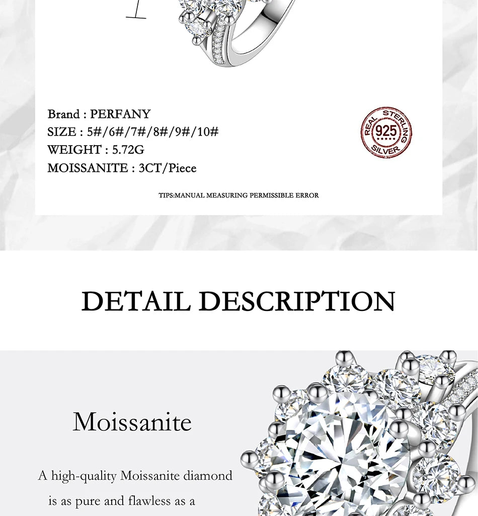 PERFANY 3CT Sunflower Moissanite Ring for Women S925 Pure Silver Plated 18K White Gold Diamond Luxury Wedding Jewelry