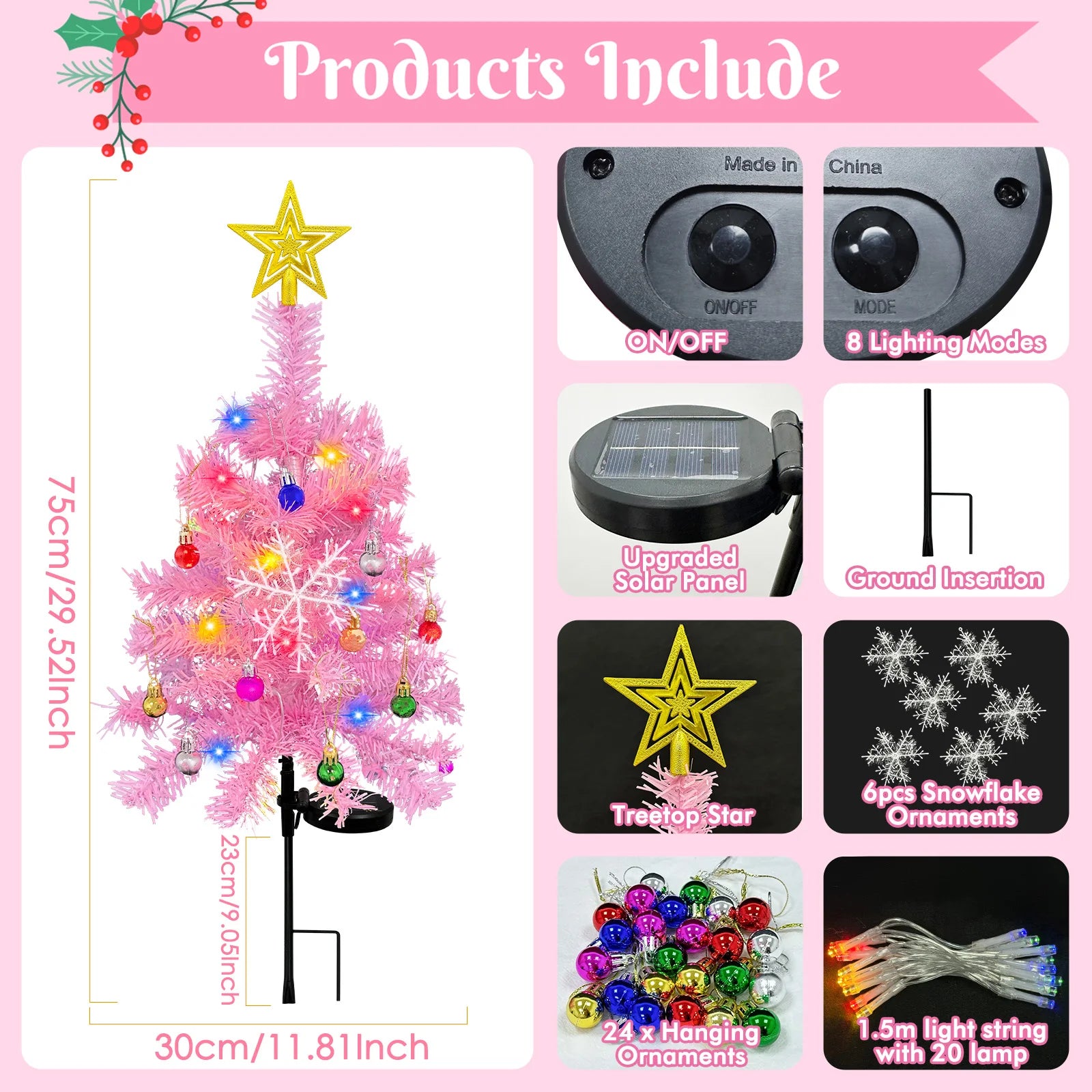 OurWarm 2pcs Pink 29in Solar Christmas Trees Garden Stake Lights Waterproof Christmas Yard Decor Outdoor, 8 Modes Xmas Tree