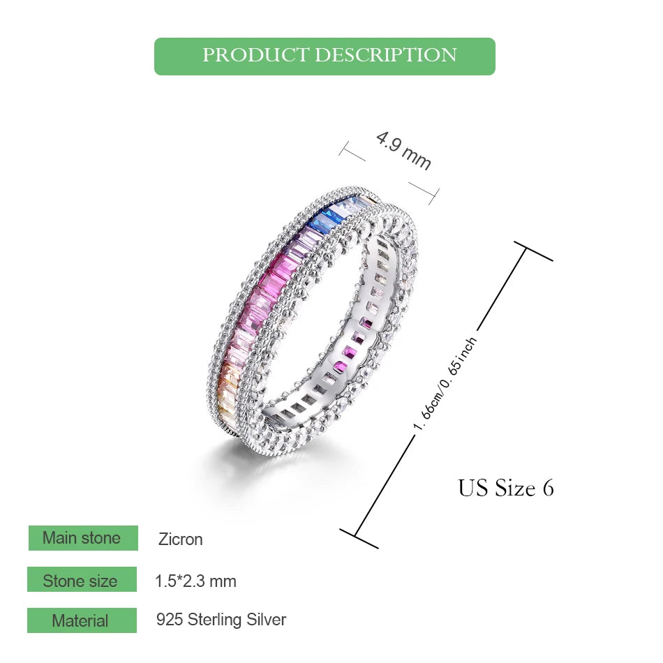 ALLNOEL Rainbow Band Ring for Woman Pure 925 Sterling Sliver 5A Zircon Eternity Fine Jewelry Colorful Engagement Birthday Gifts
