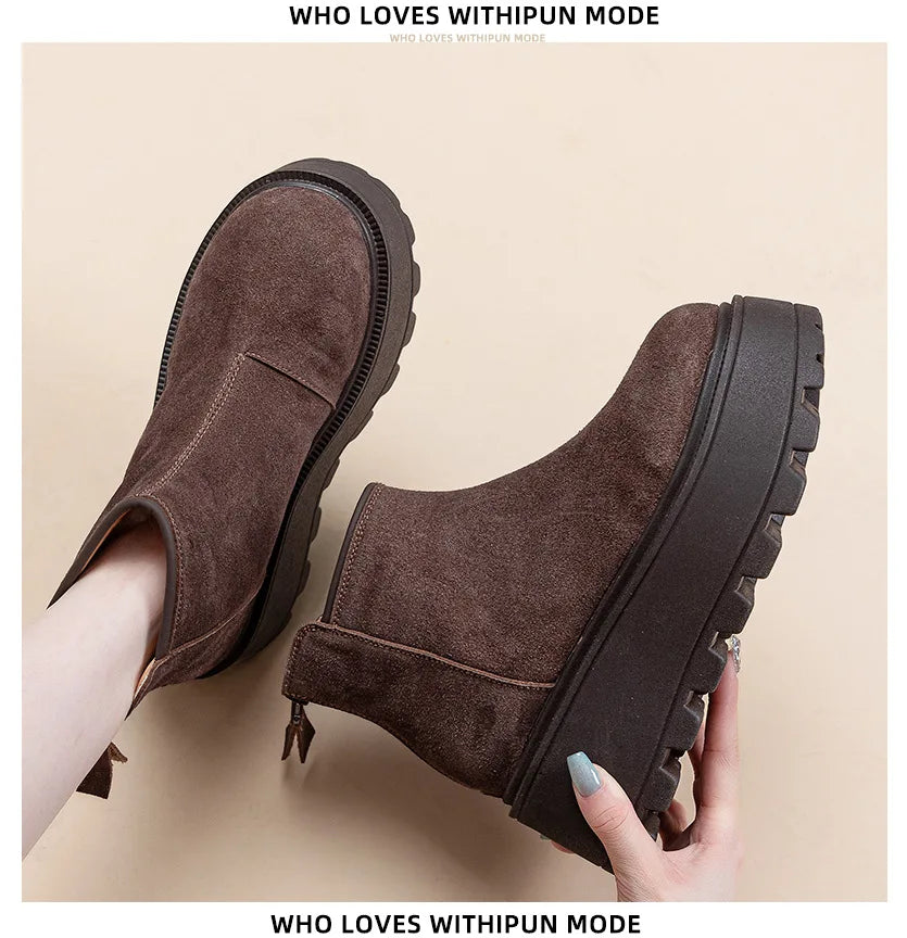 Fujin 7cm Suede Leather Snow Shoes Ankle Booties Platform Winter Boots Women Comfortable Non Slip Chelsea Boots Chunky Heel