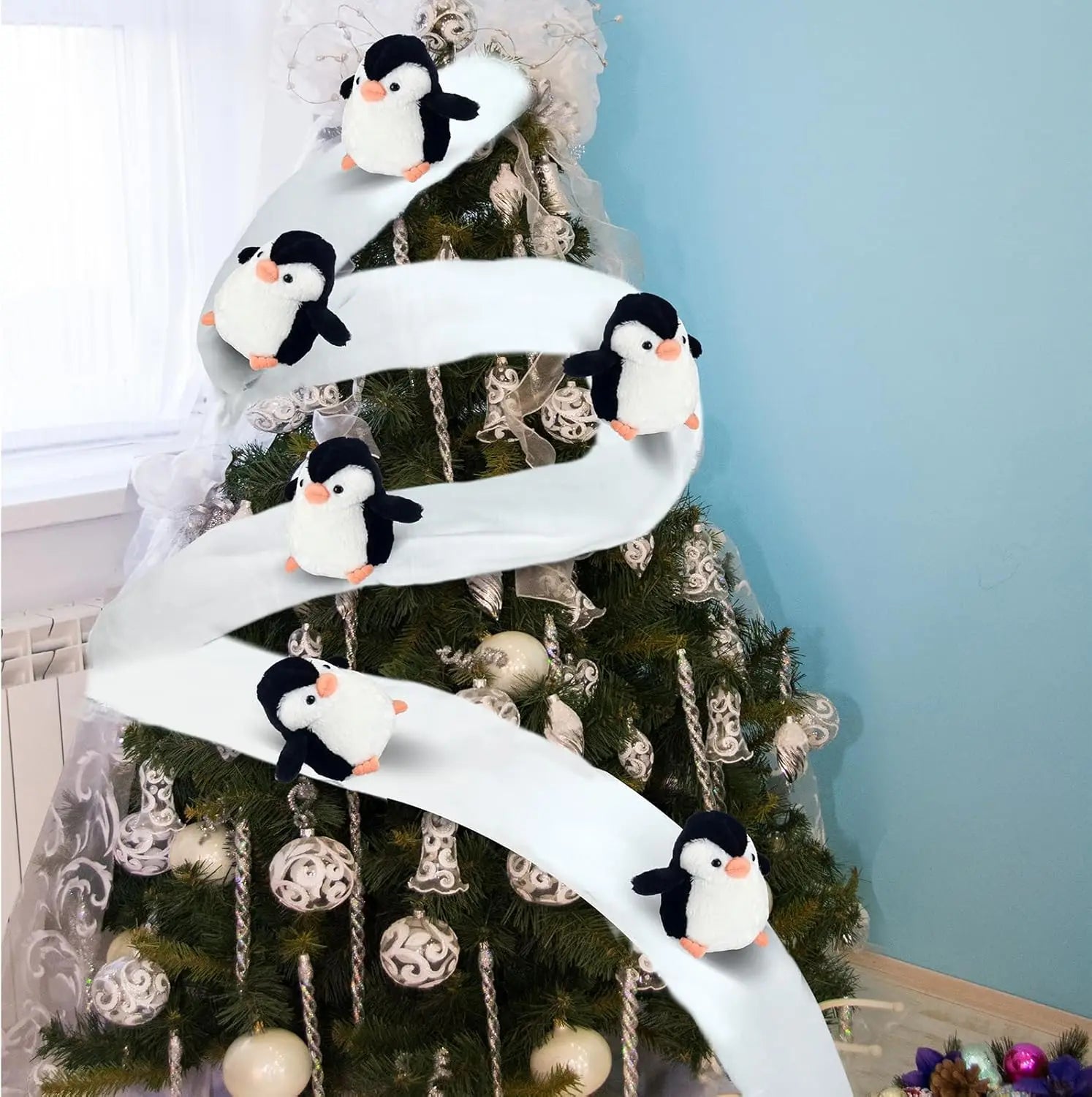 1set Christmas Stair Decoration Fake Snow Cotton Carpet with Sliding Penguins DIY Staircase Decors for Indoor Xmas Tree Banister