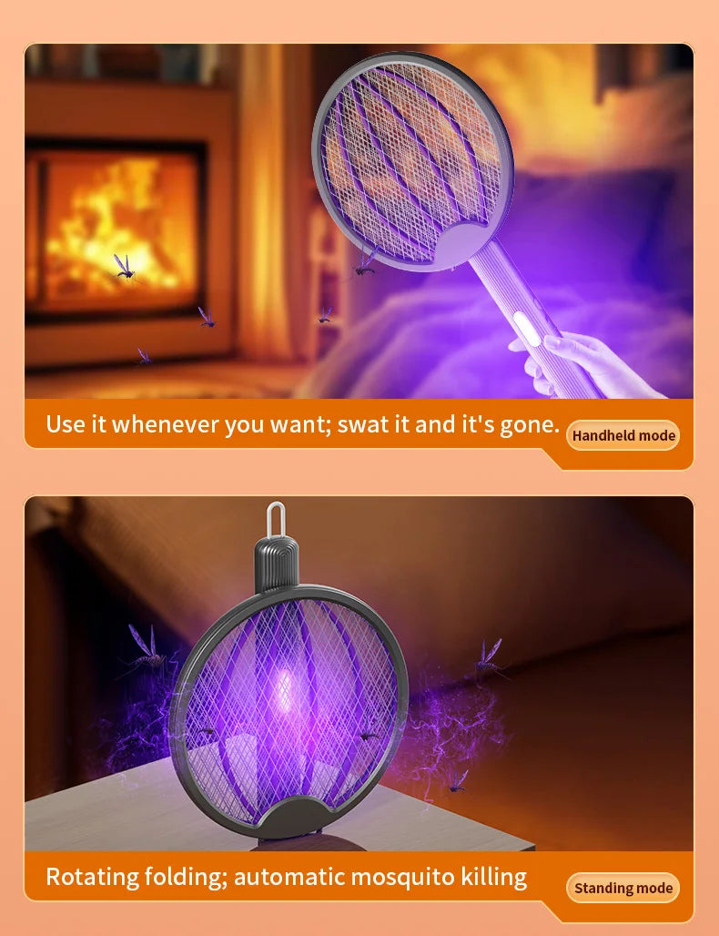 3 in 1 Foldable USB Rechargeable 3000V Mosquito Fly Swatter UV Trap LED Dual Switch Safe Grid 0° Wall Stick Bug Zapper