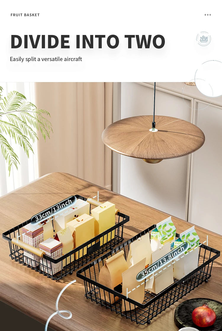 fruit basket vegetable basket,Metal storage basket with hook and wooden handle,Stackable and removable kitchen storage rack