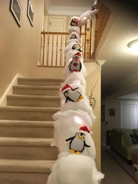 1set Christmas Stair Decoration Fake Snow Cotton Carpet with Sliding Penguins DIY Staircase Decors for Indoor Xmas Tree Banister