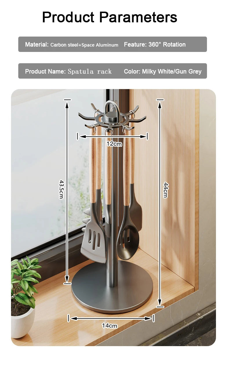 Kitchen Utensil Stand: Rotating Storage Hanger with 8 Hooks,for Countertop Organization rotatable Cooking Utensils Holder