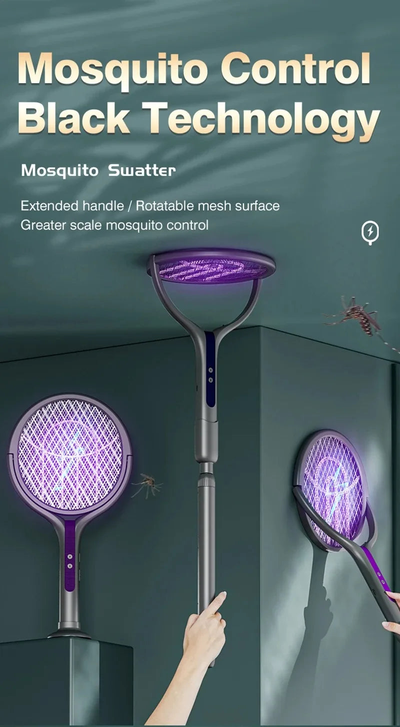 Intelligent Rechargeable Mosquito Swatter 2800V Electric Racket Extension Handle 5-Layer Protection