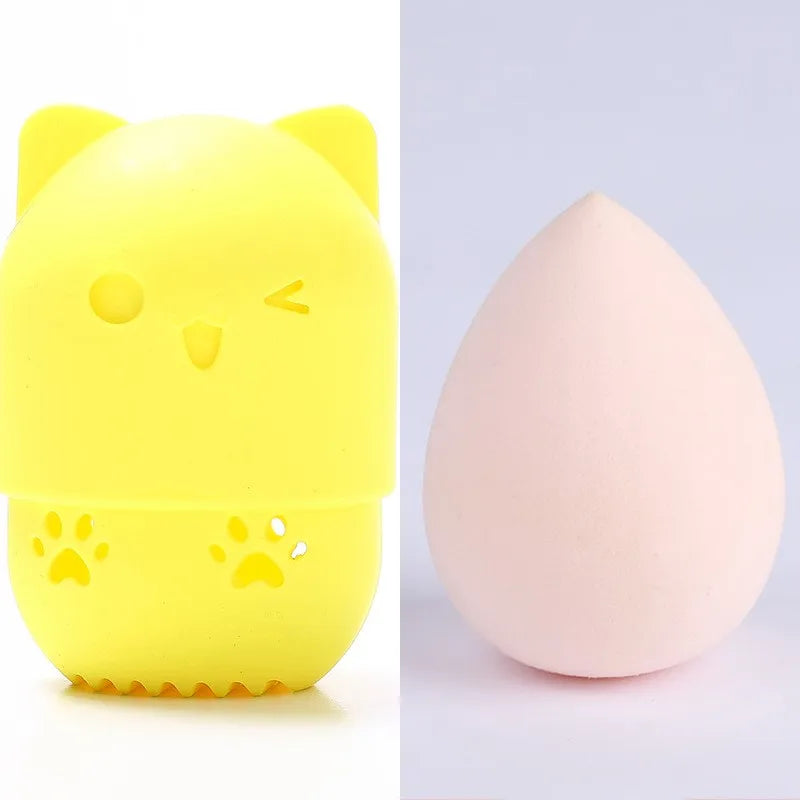 Pink Cute Cat Soft Silicone Cosmetic Sponge Box Holder with Beauty Eggs Portable Powder Puffs Holder Sponge Make Up Drying Cases