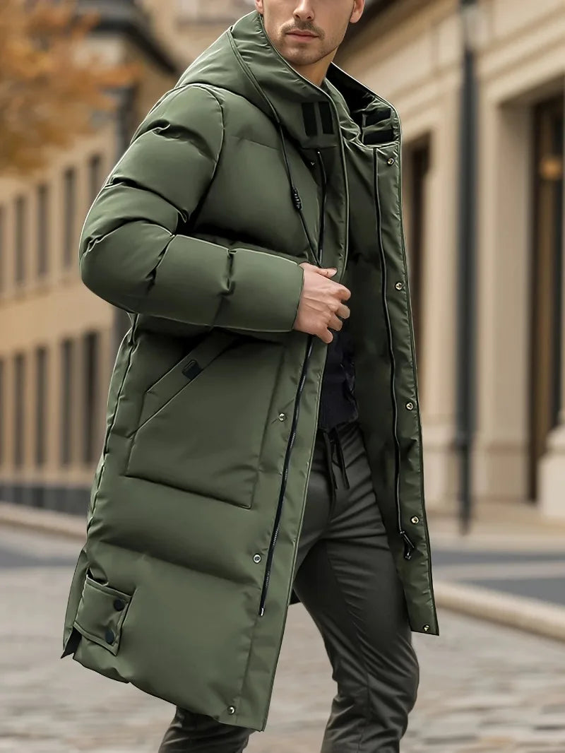 Men'S Heavyweight Winter Coat Windproof Cold Weather Jacket with Full-Length Zipper, Hooded Long Formality, Large Front Pockets