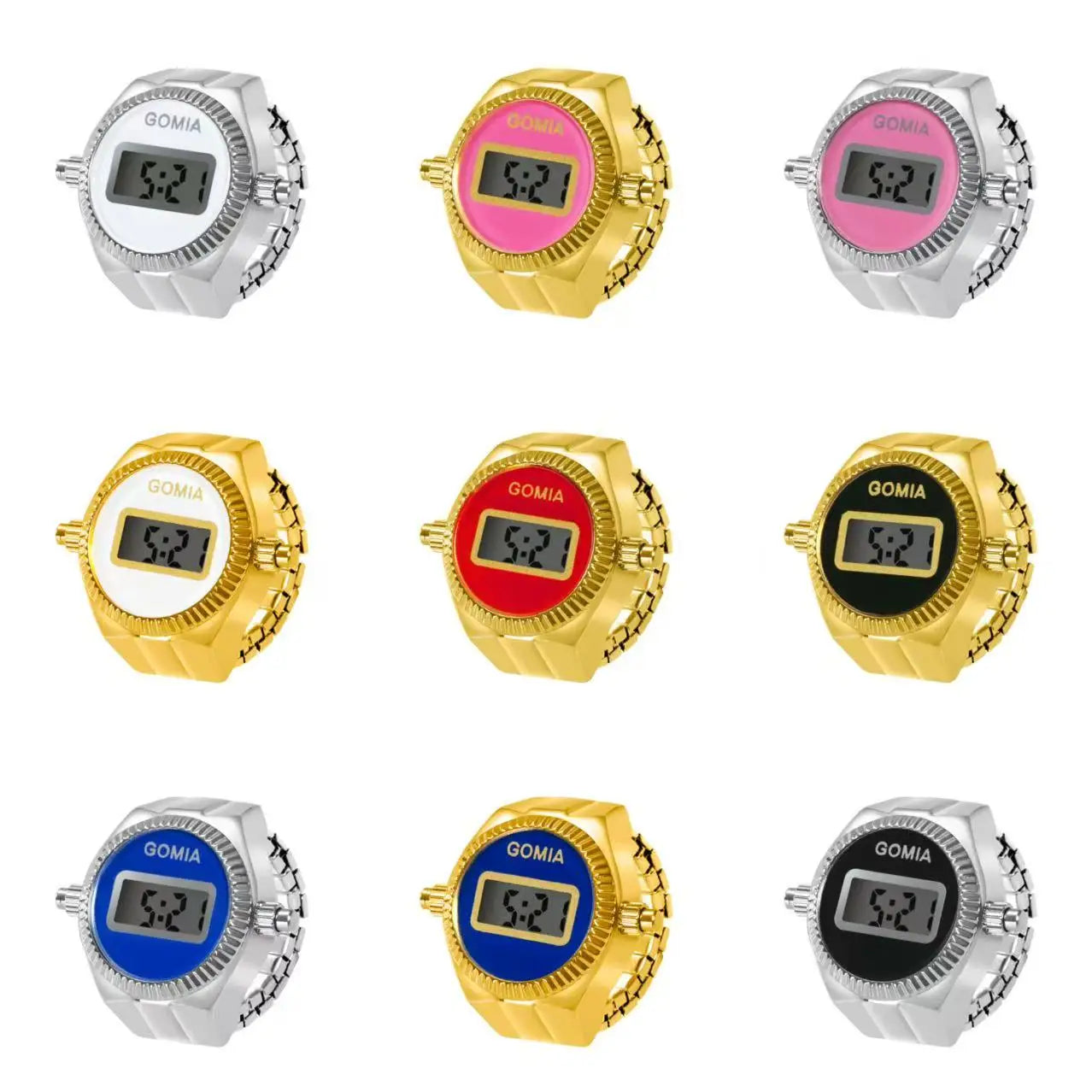 Fashion Electronic Watch Rings for Men Women Gold Silver Colorful Dial Stainless Steel Elastic Watch Strap Battery Mini Clock