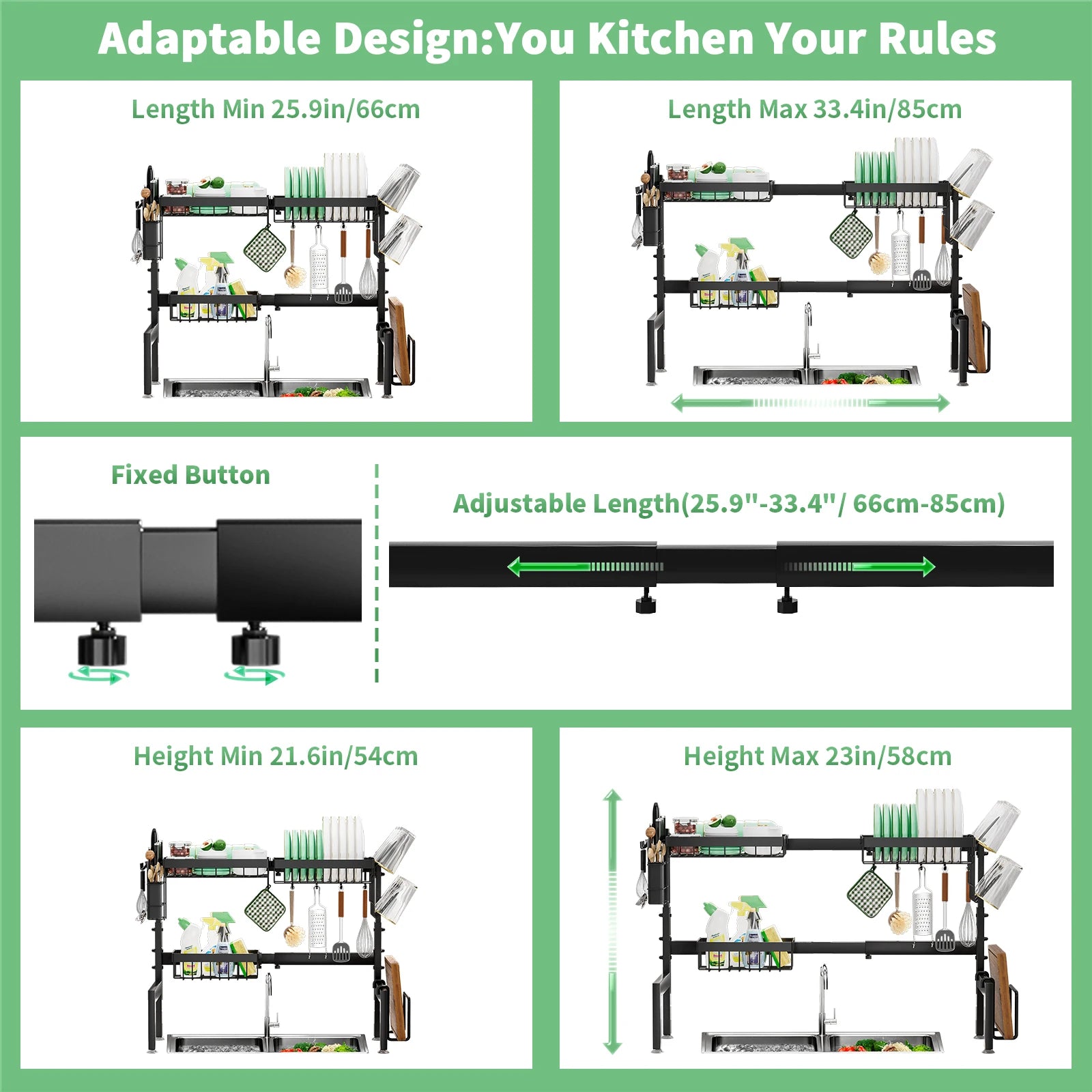 Large over the Sink Dish drying rack Kitchen tablewares storage shelf Adejustable Height and Length Rust Proof Black