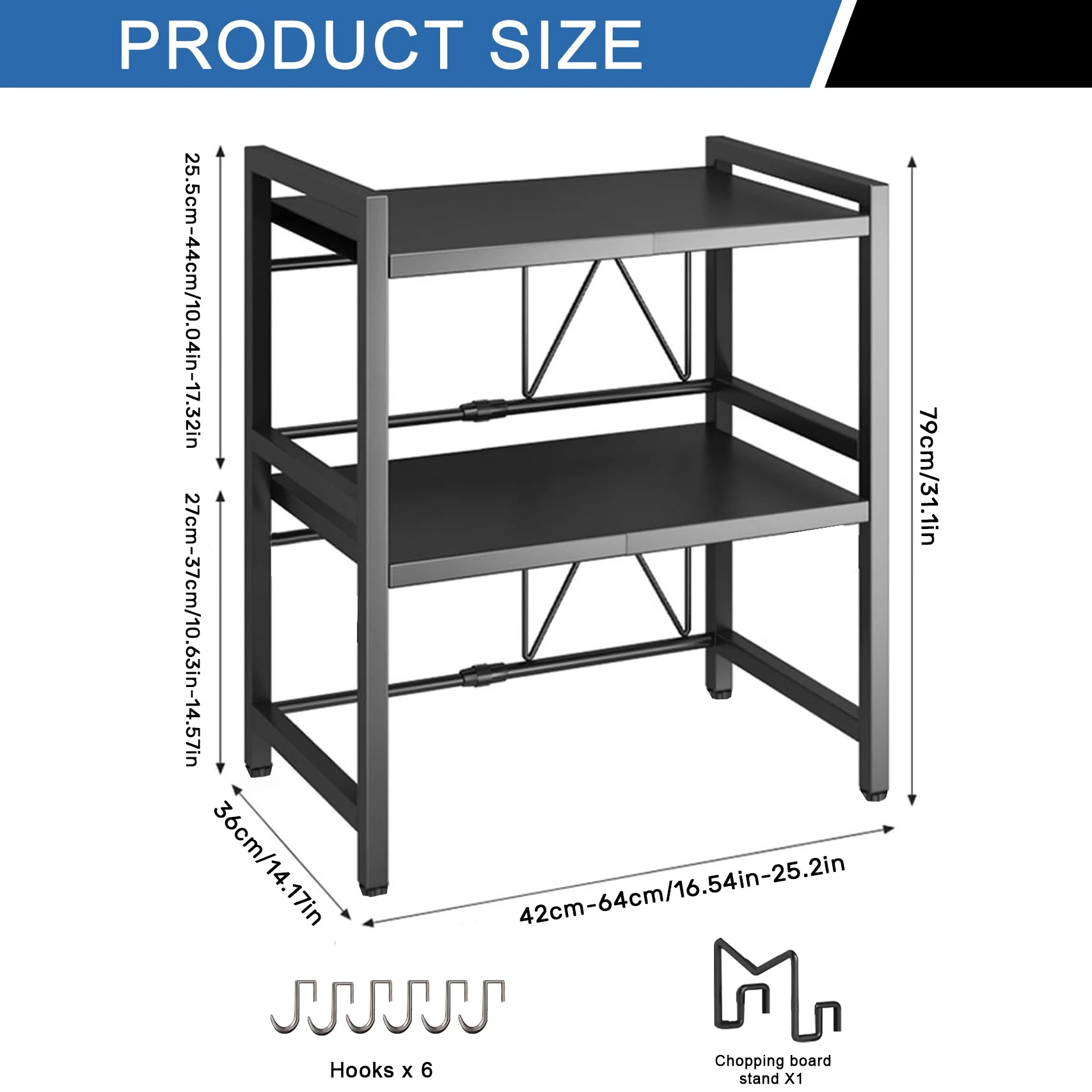 Expandable Microwave Oven Rack 2 Tier microwave shelf, with 6 hooks Adjustable Width Kitchen Counter Organizer Shelf Stand