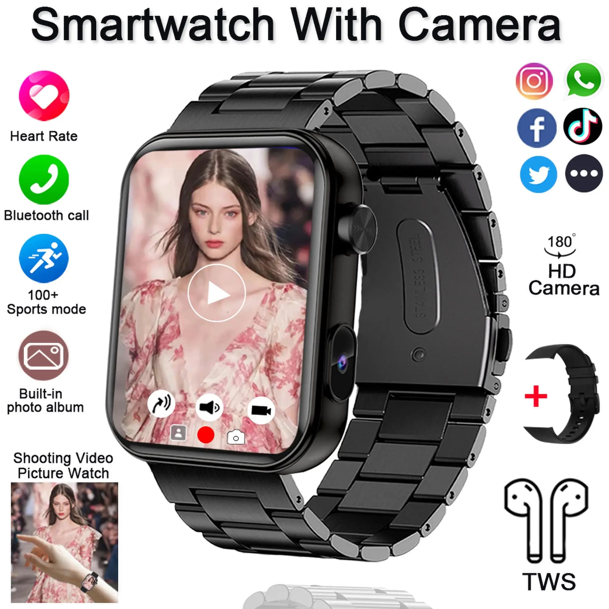 Camera Smart Watch with Video, BT Call & Health