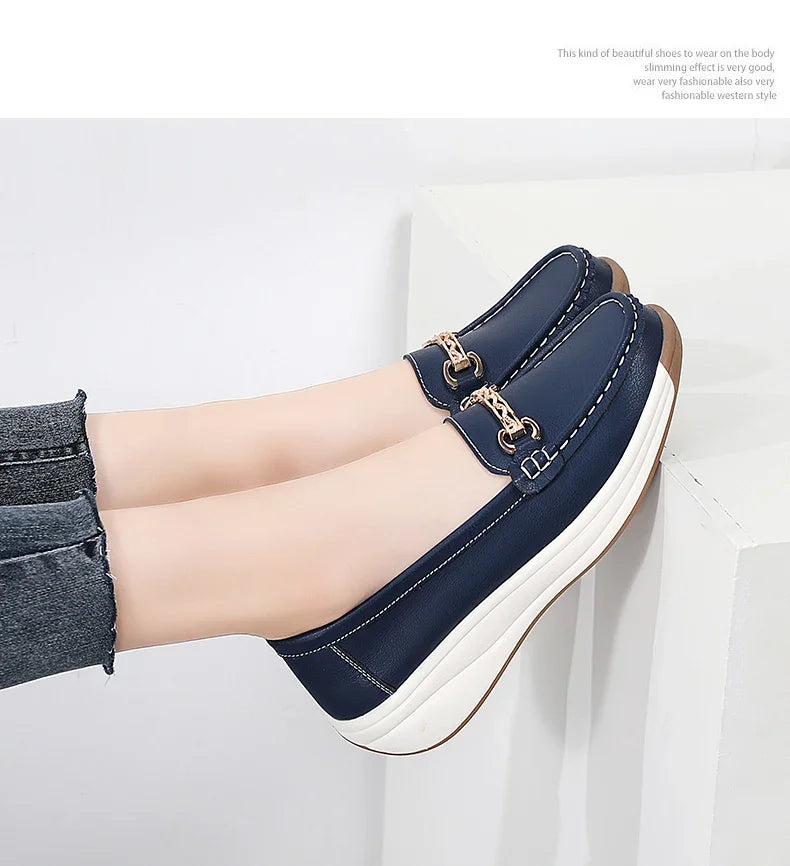 Women’s Leather Platform Loafers – Slip-On Casual Flats