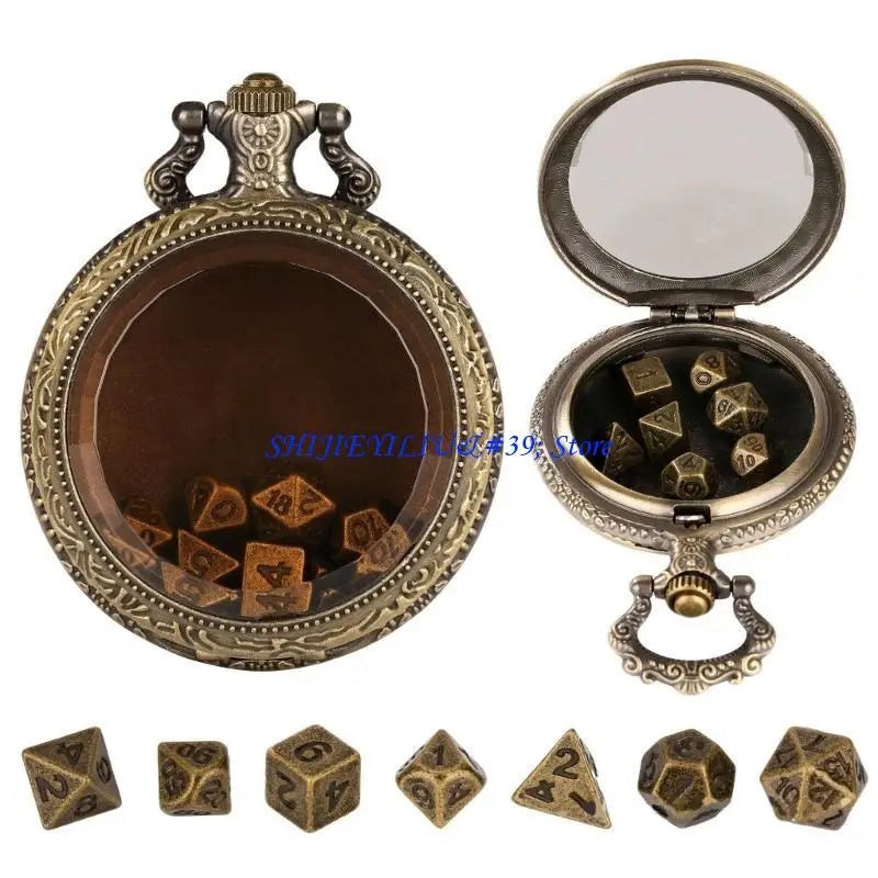 E21F Fashion Pocket Watch Case with 7pcs/set Metal Polyhedral Dices Pendant Chain