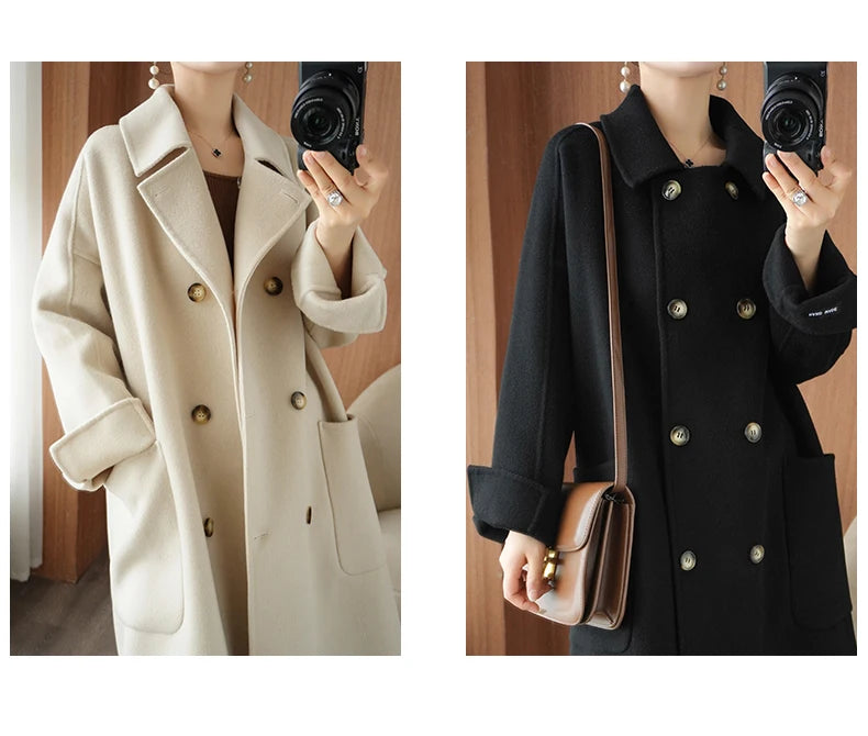 Ladies' 100% cashmere thick double-sided extended coat, classic, versatile and fashionable for business and leisure