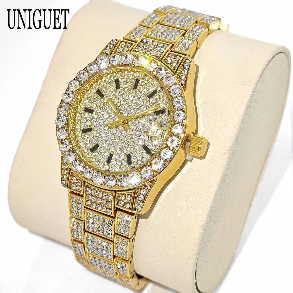2025 Hot Fashion Gold Watches Women Luxury Stainless Steel Elegant Iced Diamond Jewelry Quartz Wristwatch Ladies Dropshipping