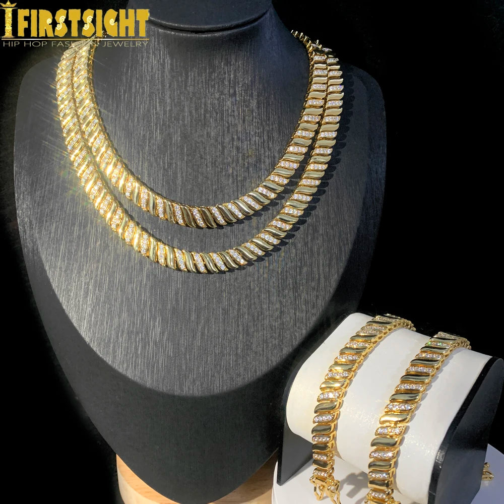 2025 New Gold Color Herringbone Snake Chain Bracelet Necklace 10mm CZ Stones Choker Hop Hip Rapper Fashion Women Jewelry Set