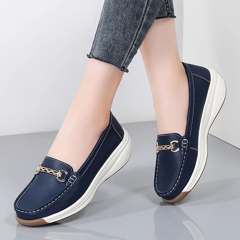 Women’s Leather Platform Loafers – Slip-On Casual Flats