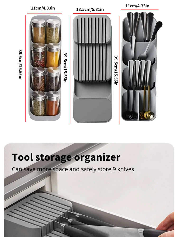 Kitchen Drawer Cutlery Storage Tray Knife Holder Spoon Forks Tableware Organizer Container For Spice Bottles Knives Block Rack