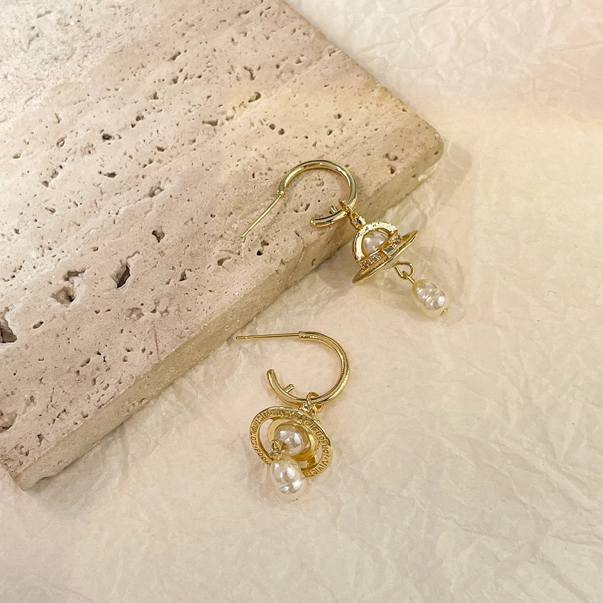 French Luxurious Personality Design Earrings Sweet Cool Style Women's Imitation Pearl Saturn Ear Jewelry High-End Feeling