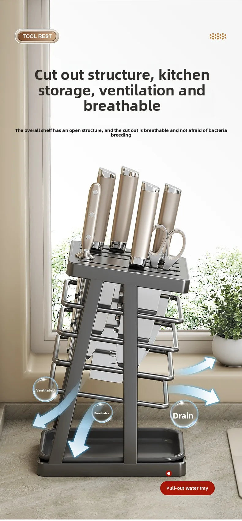 Kitchen knife rack storage rack countertop drainage all-in-one knife storage rack kitchen knife rack for home knife holder