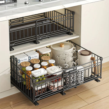 Kitchen Organizer-Adjustable Pull-Out Shelf, Space-Saving Cabinet Storage System with Sturdy Metal Construction, Black