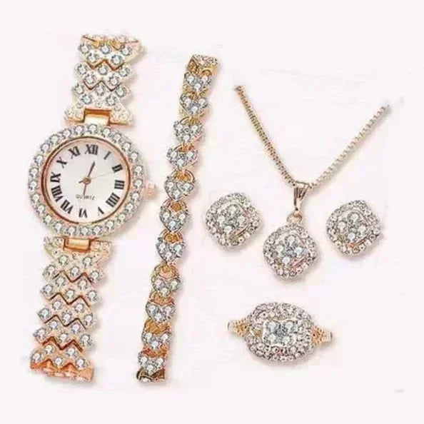 Fashion Luxury Full Crystal 5 Pcs Watch  Necklace Earrings  Ring  Set for Women Rhinestone  Wristwatch Female Bracelet Set Gift