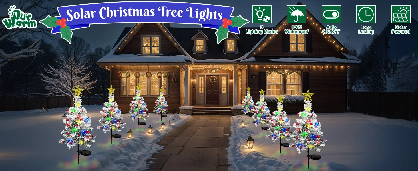 OurWarm 2 pcs Solar Christmas Tree Outdoor Christmas Decor, 29In Flocked Christmas Tree , Mini Small Christmas Tree with 40LED