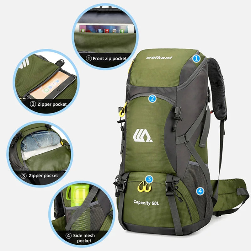 50L Waterproof Hiking Backpack with Shoe Pocket