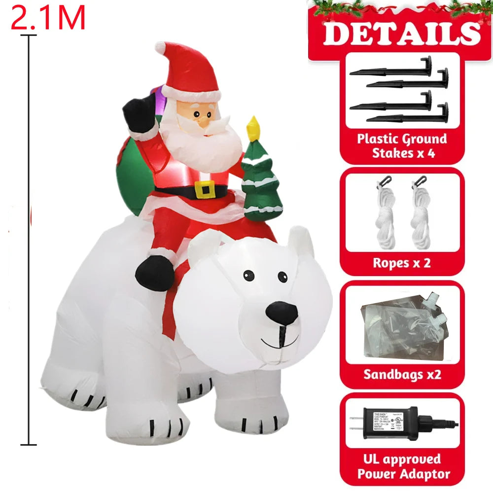 2.1M Inflatable Christmas Claus Riding Shake Head Bear And 1.2m Santa Claus Built-in LED Light Courtyard Garden Xmas Decorati