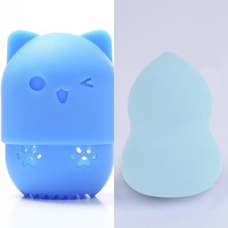 Pink Cute Cat Soft Silicone Cosmetic Sponge Box Holder with Beauty Eggs Portable Powder Puffs Holder Sponge Make Up Drying Cases