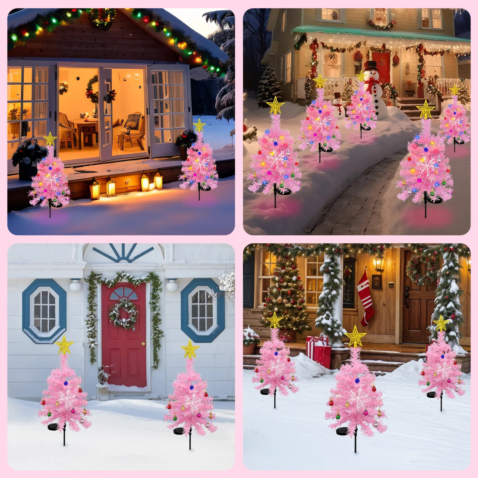 OurWarm 2pcs Pink 29in Solar Christmas Trees Garden Stake Lights Waterproof Christmas Yard Decor Outdoor, 8 Modes Xmas Tree