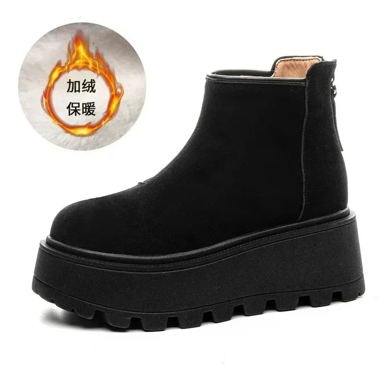 Fujin 7cm Suede Leather Snow Shoes Ankle Booties Platform Winter Boots Women Comfortable Non Slip Chelsea Boots Chunky Heel