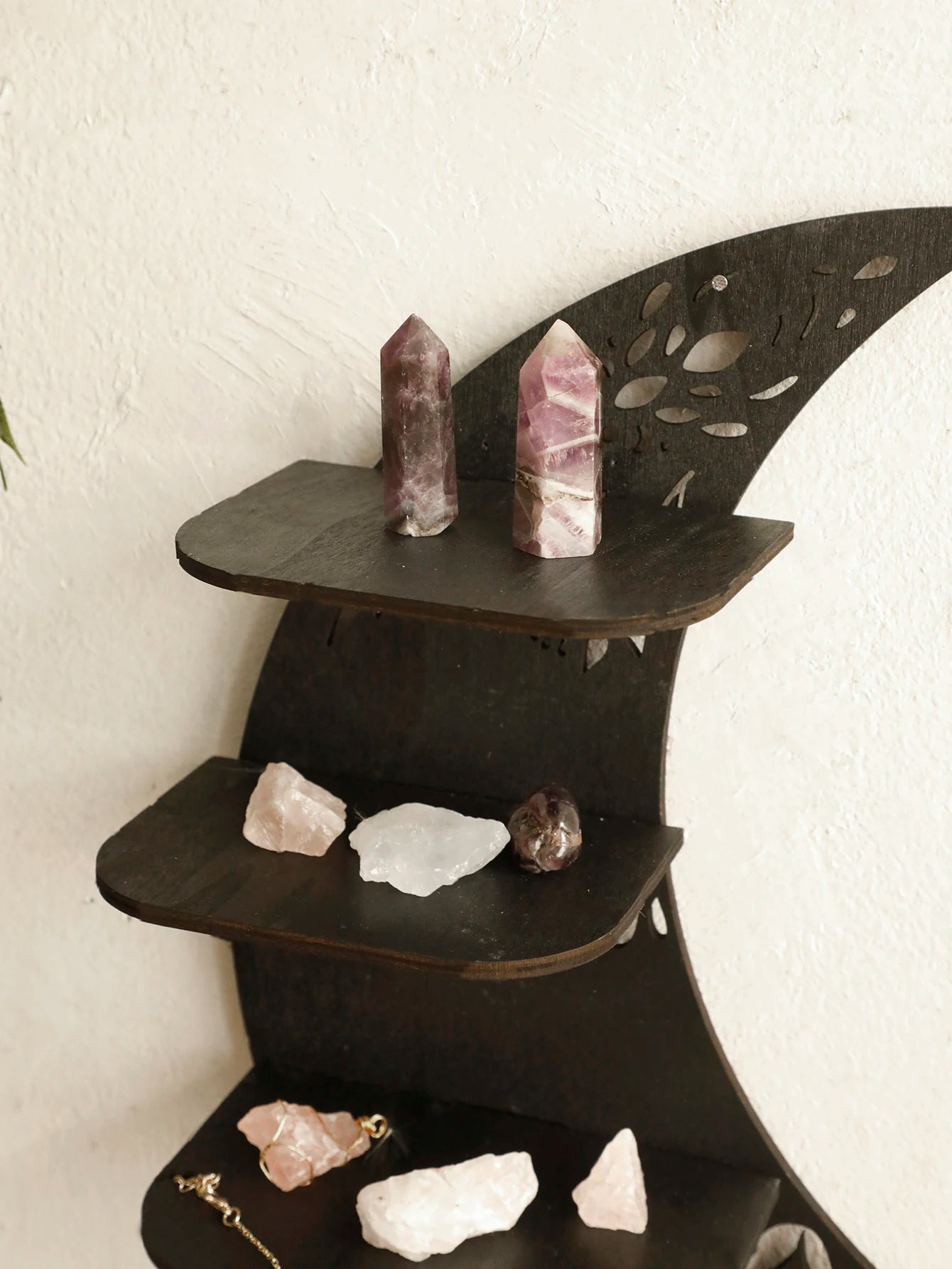 30/39cm Black Moon Wall Shelves 4-tier Wood Floating Wall Shelf Gothic Home Decor Crystal Shelf Display Ledge Essential Oil Rack