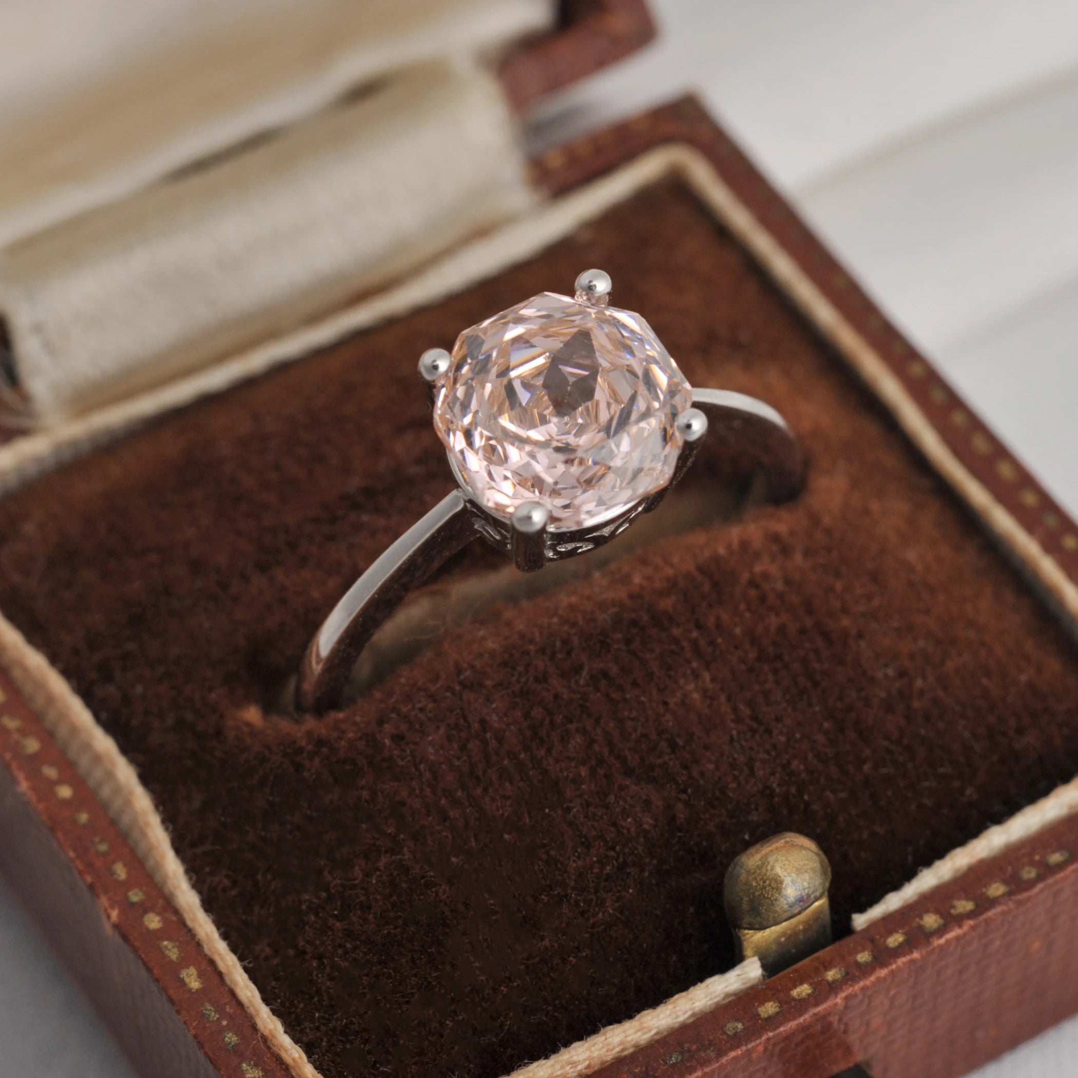 Potiy 2ct Octagon Rose Cut Morganite Pink Cubic Zirconia Solitaire Ring, 925 Sterling Silver Jewelry Gift for Women with