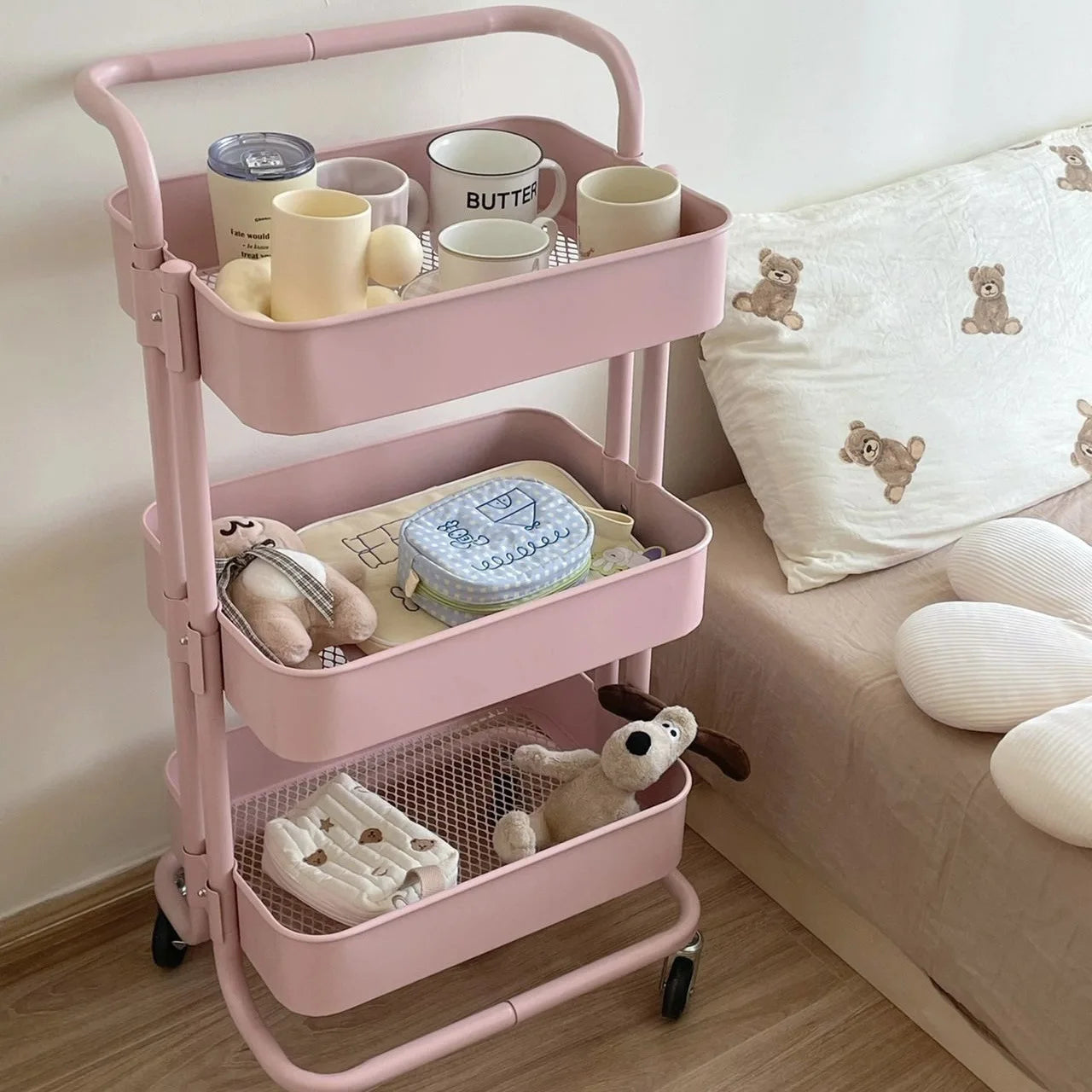 Pink 3-Tier Kitchen Cart with Wheels, Multifunctional Mobile Storage Snack Rack for Bedroom Living Room