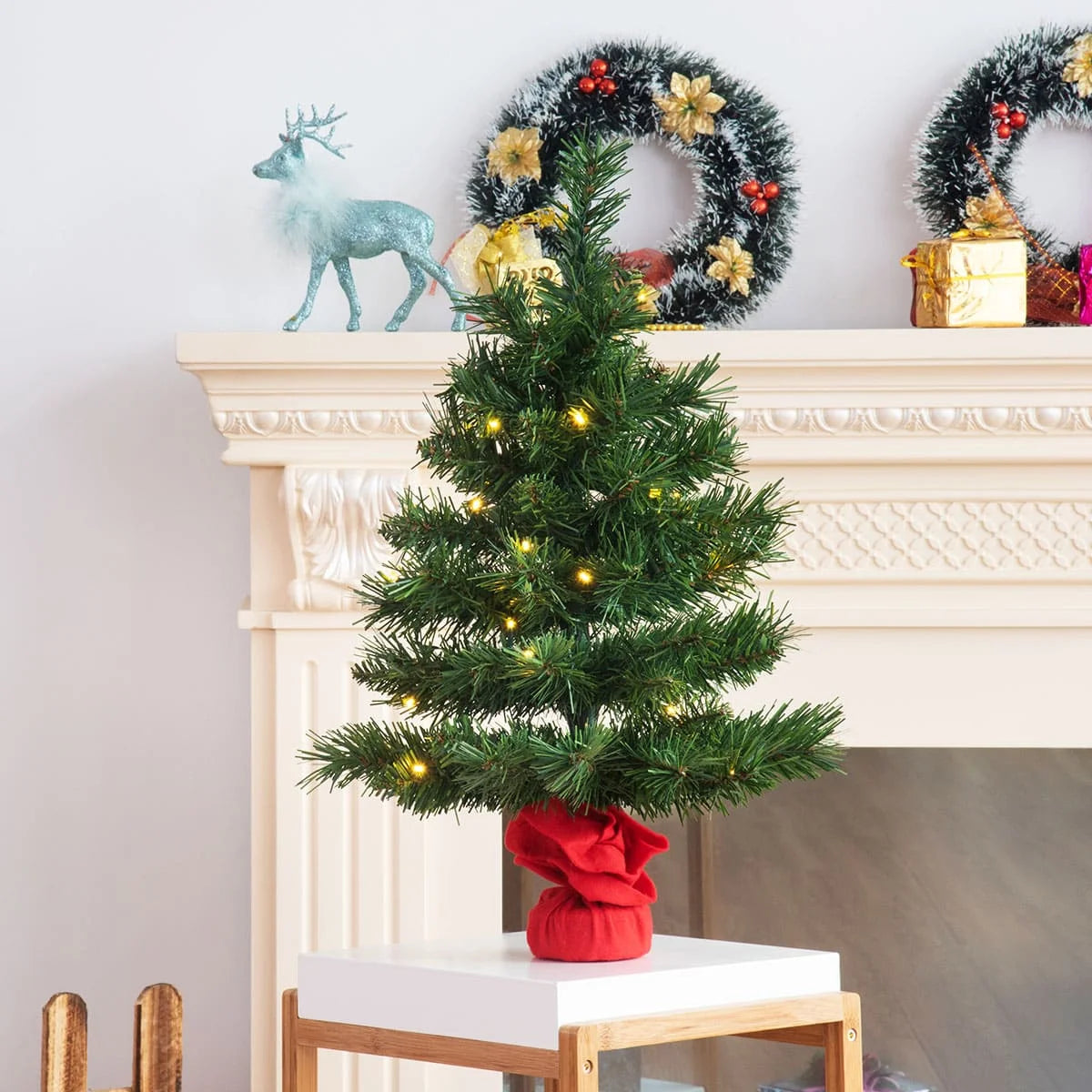 GOFLAME 60CM Pre-Lit Mini Christmas Tree, Tabletop Artificial Xmas Tree with LED Lights and Cement Base