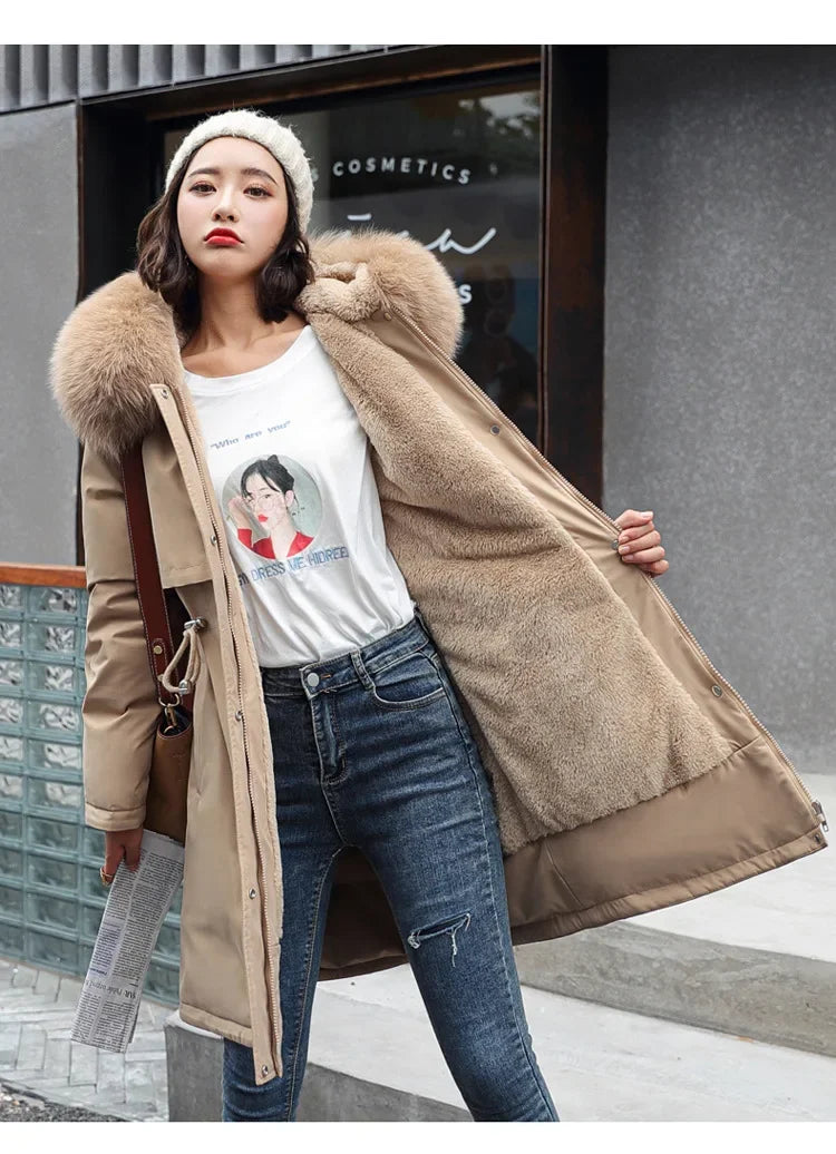Winter Parka 2024 New Women Jacket Clothes Long Coat Wool Liner Hooded Jacket Fur Collar Thick Warm Snow Wear Fashion Parka